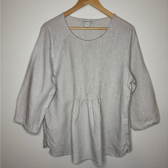 Coldwater Creek 100% Linen Scoop Neck 3/4 Sleeve Tan Beige Loose Fit Pleated Top - Picture 2 of 5